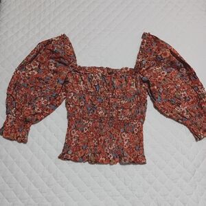 House of Harlow 1960 Puff Sleeve Floral Smocked Blouse Size L